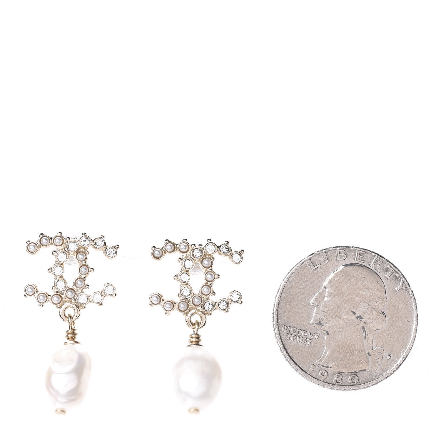 Chanel Crystal Pearl CC Drop Earrings Gold 2 of 3