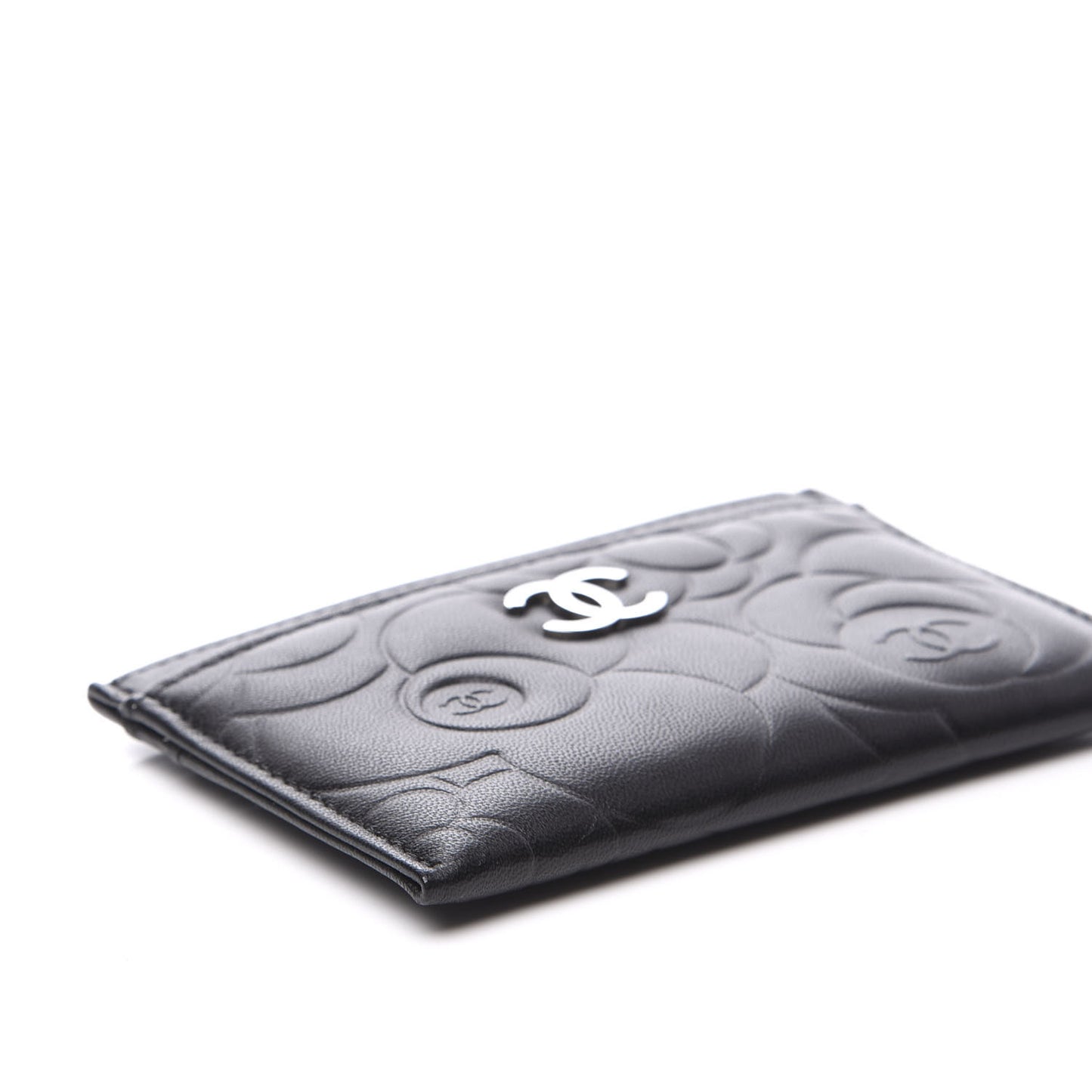 Lambskin Camellia Embossed Card Holder Black