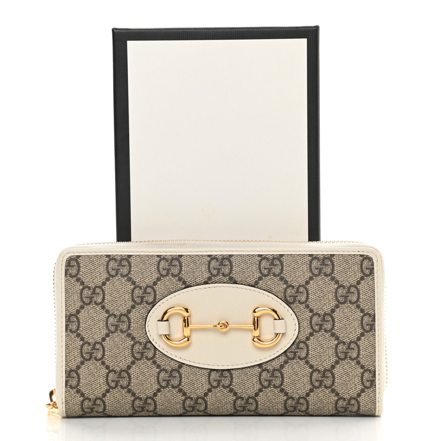 GG Supreme Monogram Azalea Calfskin Horsebit 1955 Zip Around Wallet Beige Ebony Mystic White