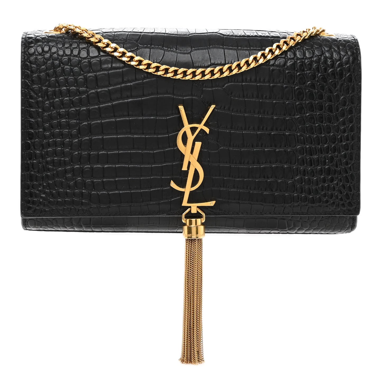 Calfskin Crocodile Embossed Medium Classic Monogram Kate Tassel Satchel Black