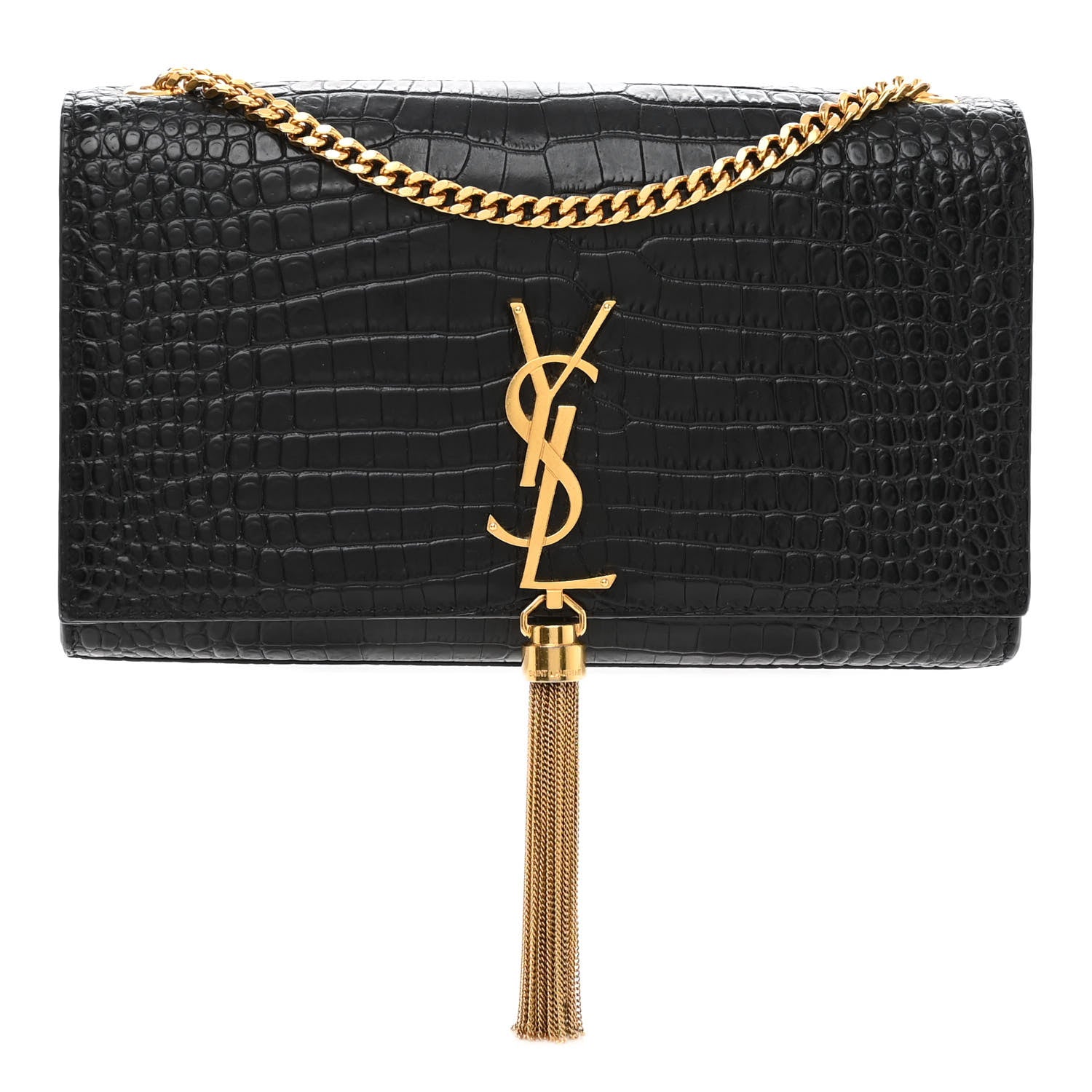 Saint Laurent Calfskin Crocodile Embossed Medium Classic Monogram Kate Tassel Satchel Black 1 of 9