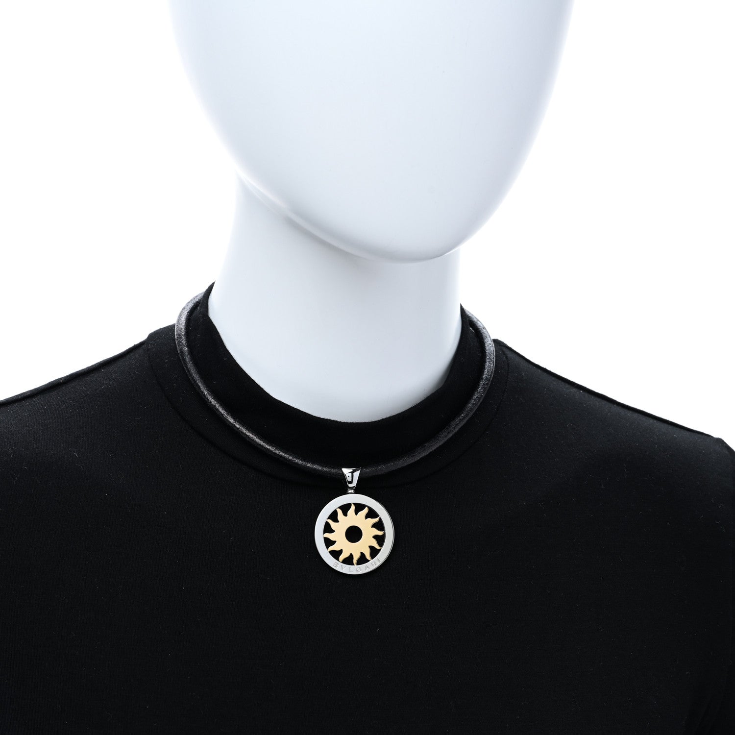 Bulgari 18K Yellow Gold Stainless Steel Calfskin Tondo Sun Pendant Necklace Black 2 of 6