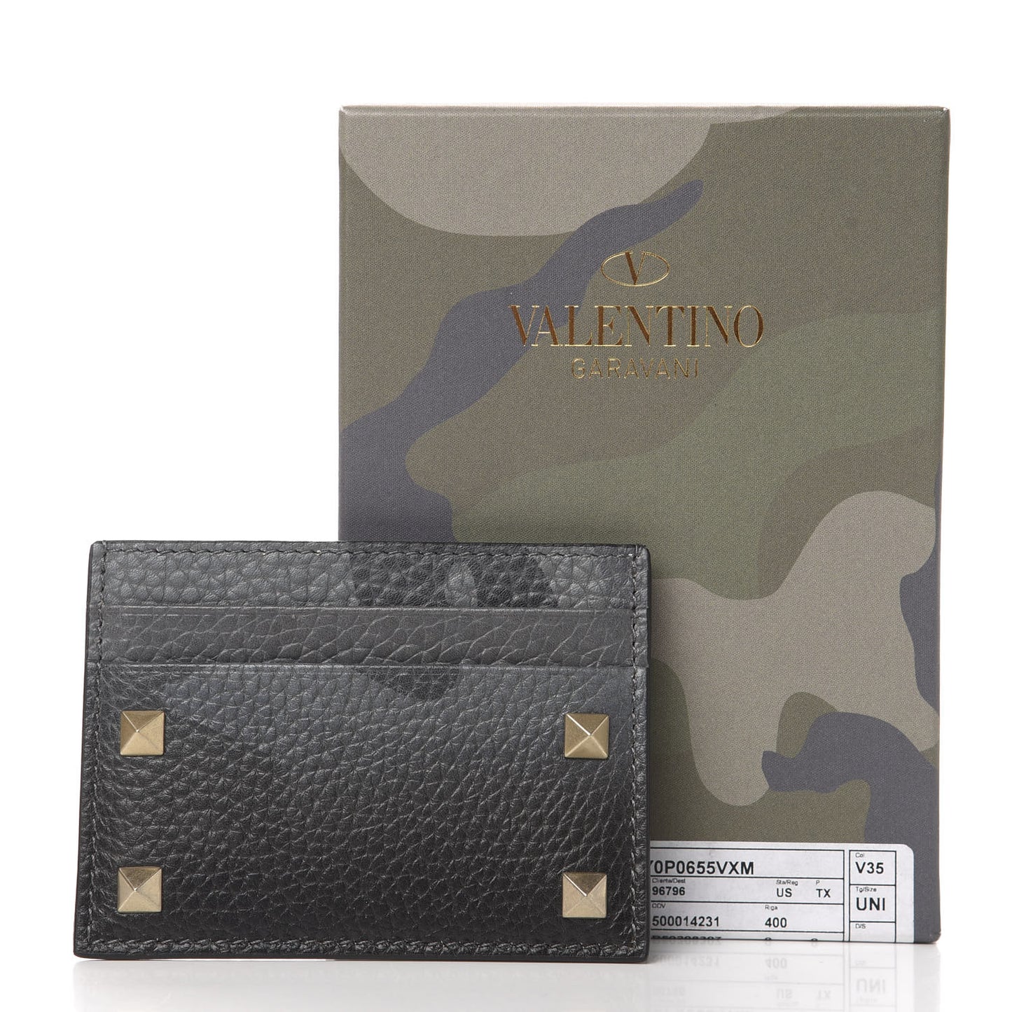 Pebbled Calfskin Rockstud Camouflage Card Holder Black Grey