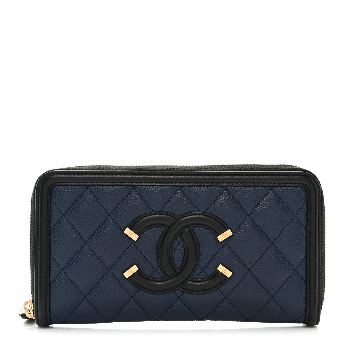 Caviar Quilted Filigree Zip Around Wallet Navy Black