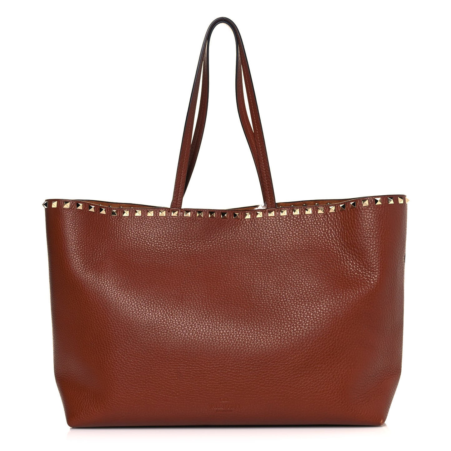 Grained Calfskin Rockstud Shoulder Tote Bright Cognac