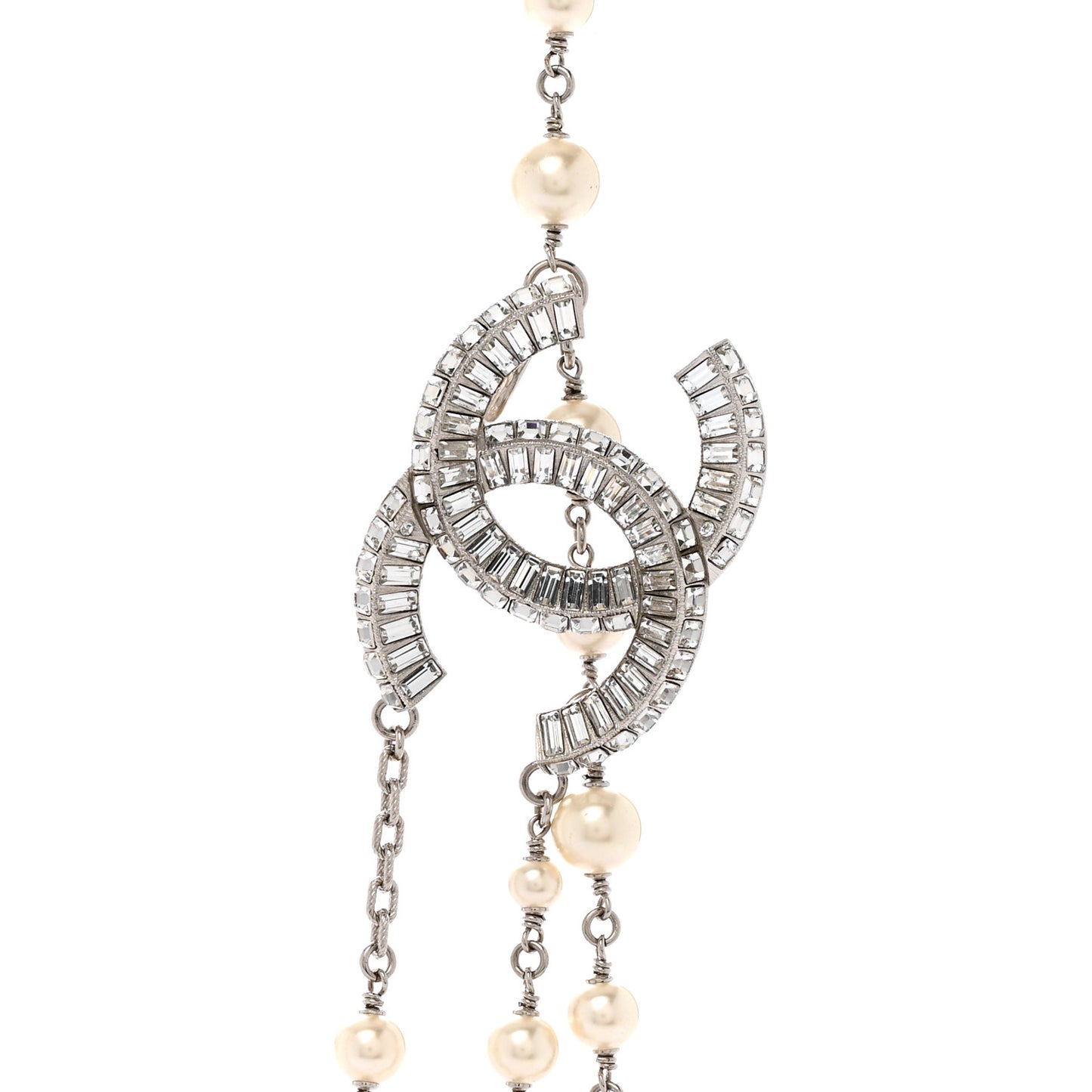 Pearl Baguette Crystal CC Long Necklace Silver