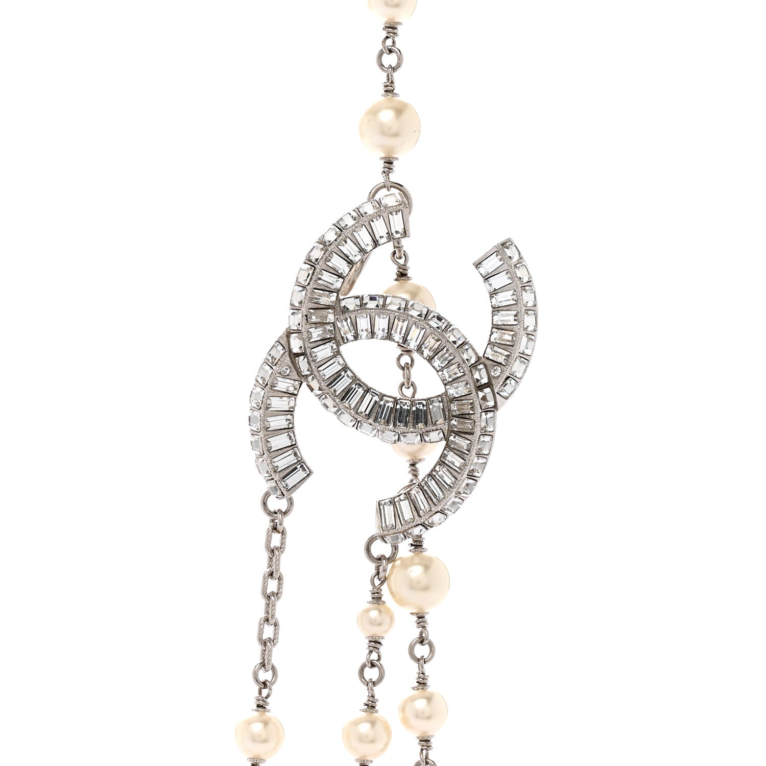 Chanel Pearl Baguette Crystal CC Long Necklace Silver 4 of 6