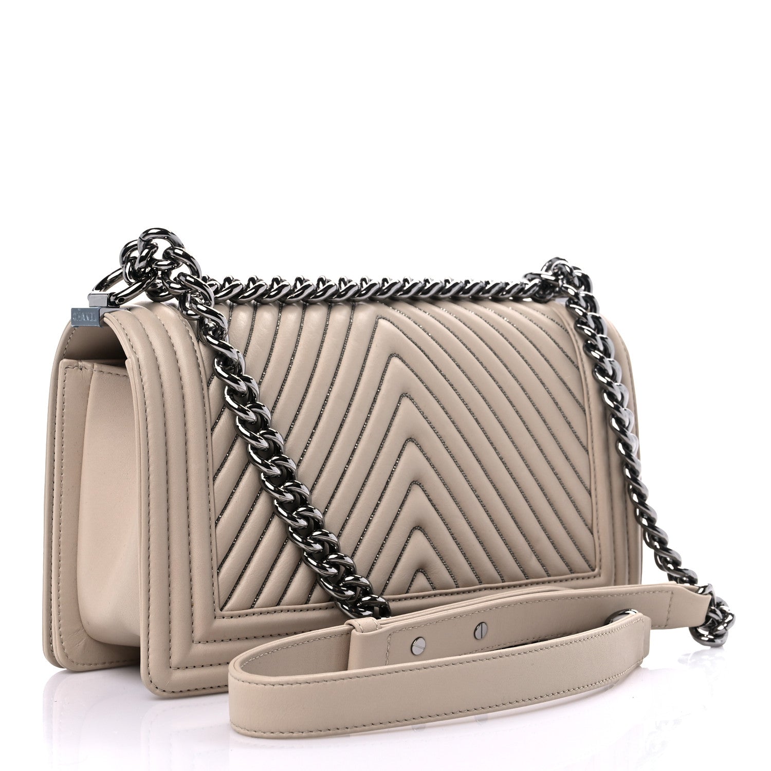 Chanel Calfskin Chevron Chain Medium Boy Flap Beige 2 of 8