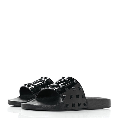 Valentino Garavani Patent Rubber Mens Rockstud VLogo Slide Sandals 41 Black 3 of 7