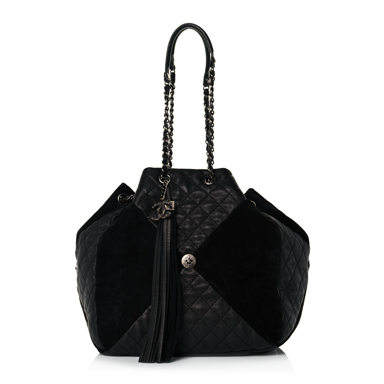 Chanel Goatskin Suede Calfskin Quilted Patchwork Drawstring Bag Black 1 of 14