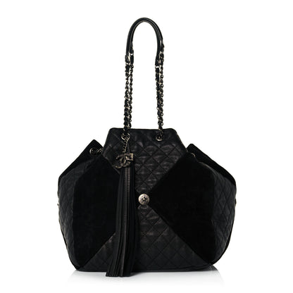 Chanel Goatskin Suede Calfskin Quilted Patchwork Drawstring Bag Black 1 of 14