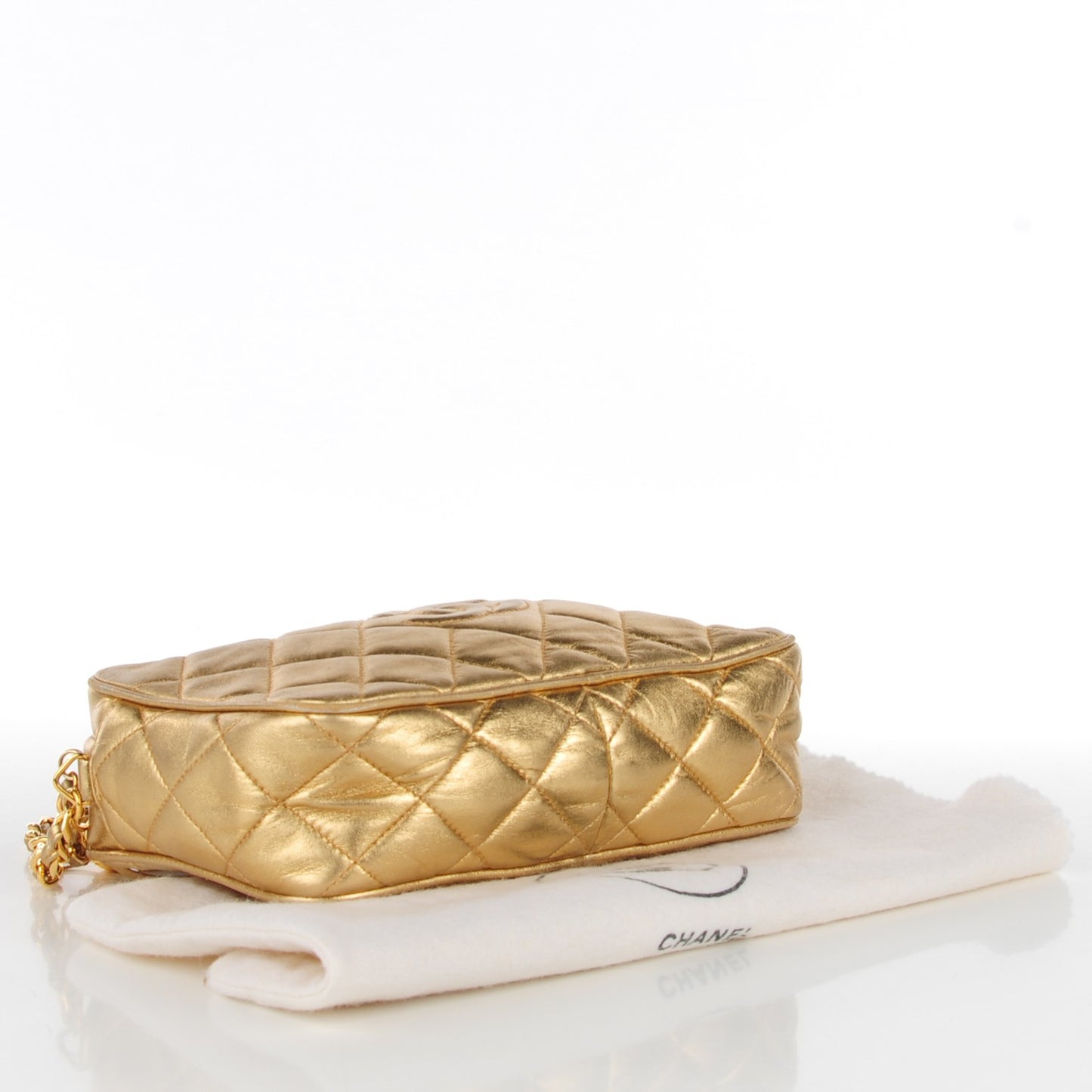 Metallic Lambskin Quilted Small Tassel Camera Case Gold