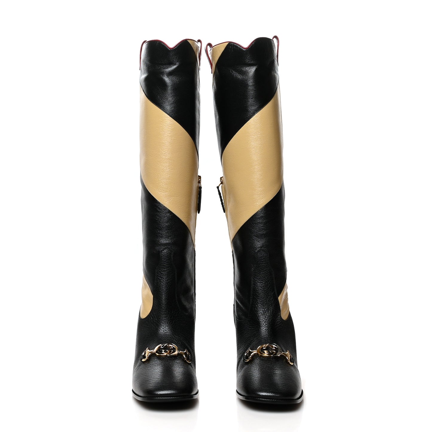 Calfskin Wrinkled Kid Diagonal Striped Zumi Knee Boots 39.5 Black Beige Romantic Cherry