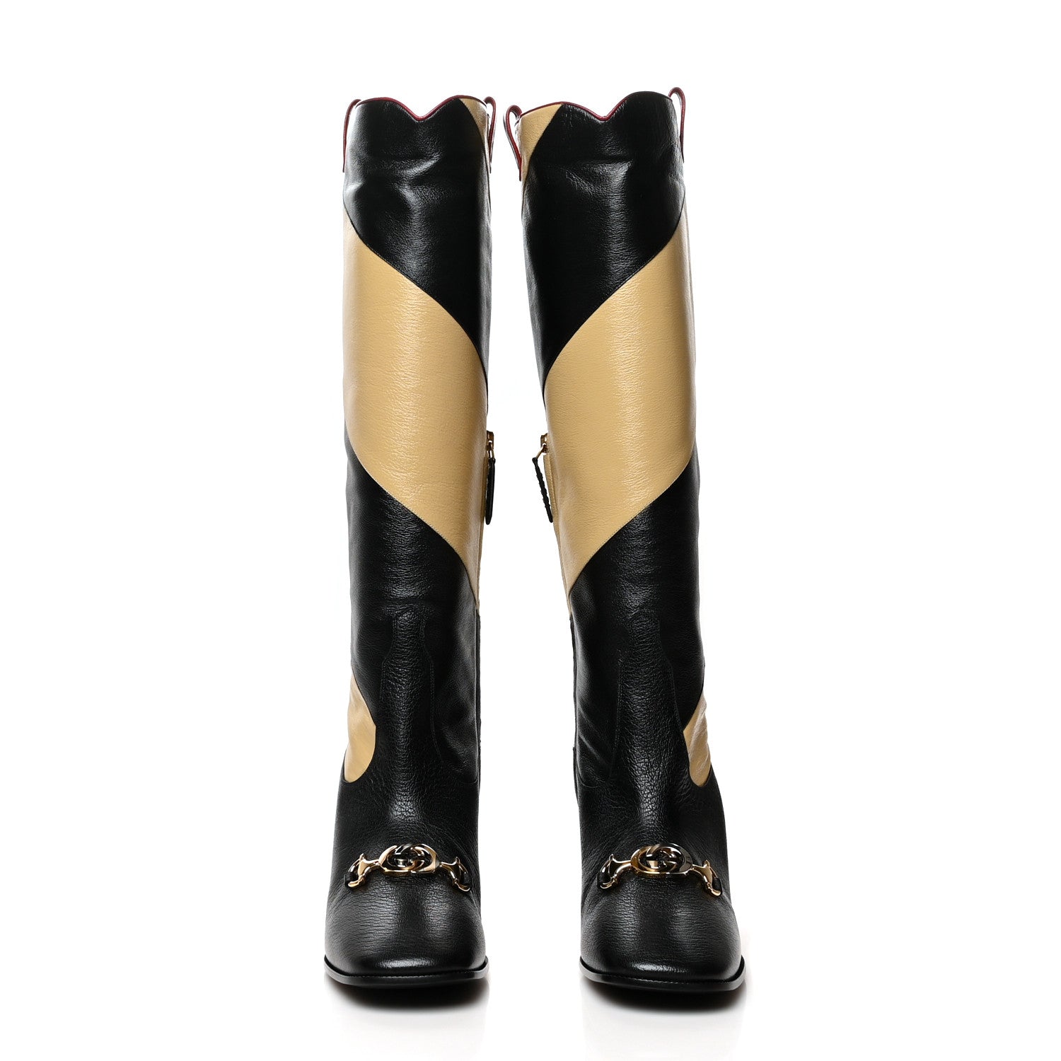 Gucci Calfskin Wrinkled Kid Diagonal Striped Zumi Knee Boots 39.5 Black Beige Romantic Cherry 2 of 7
