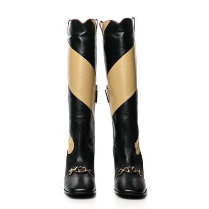 Gucci Calfskin Wrinkled Kid Diagonal Striped Zumi Knee Boots 39.5 Black Beige Romantic Cherry 2 of 7