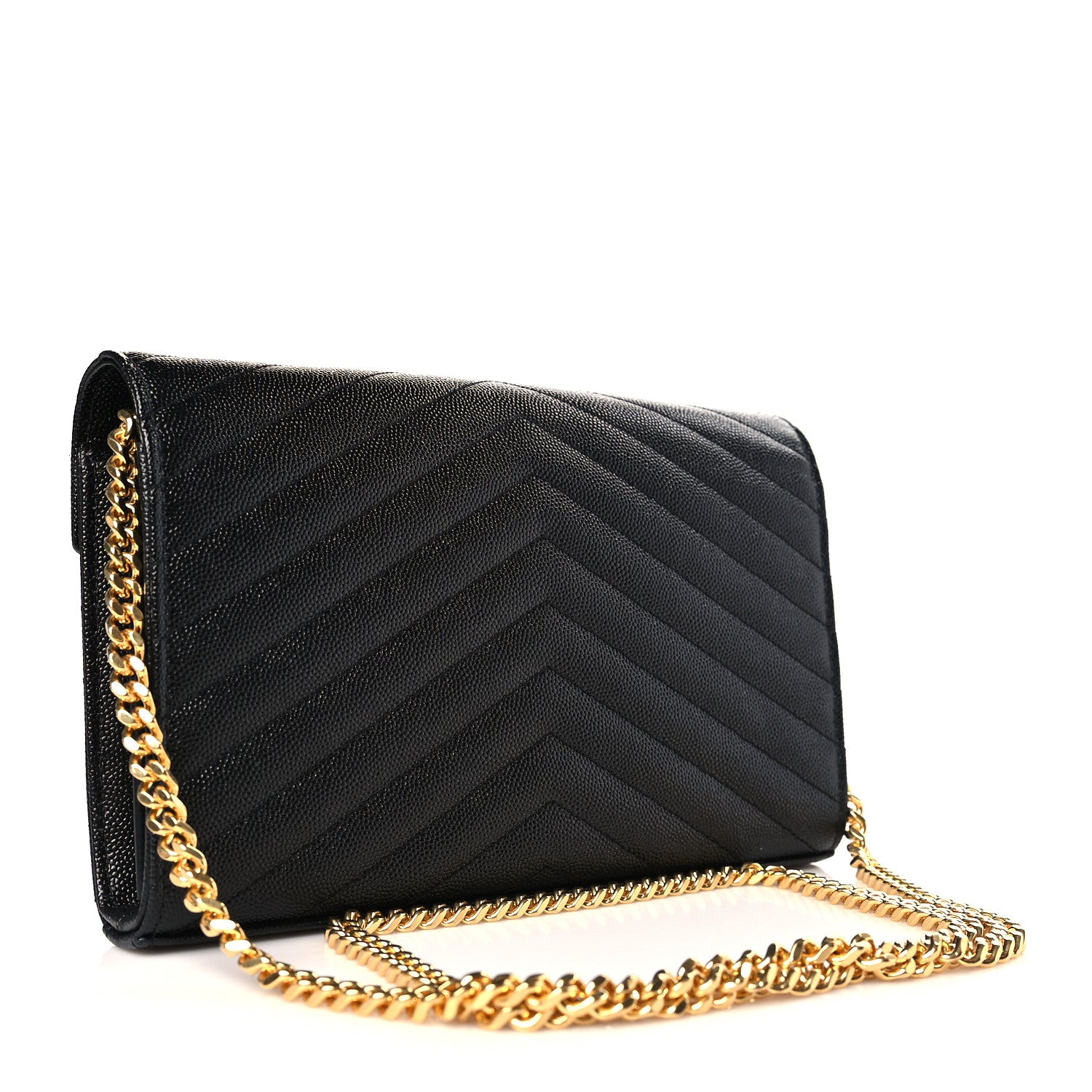 Saint Laurent Grain De Poudre Matelasse Chevron Monogram Chain Wallet Black 3 of 9
