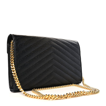 Saint Laurent Grain De Poudre Matelasse Chevron Monogram Chain Wallet Black 3 of 9