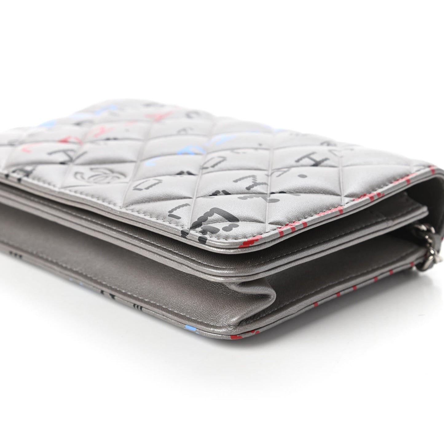 Metallic Lambskin Quilted Data Center Wallet On Chain WOC Silver
