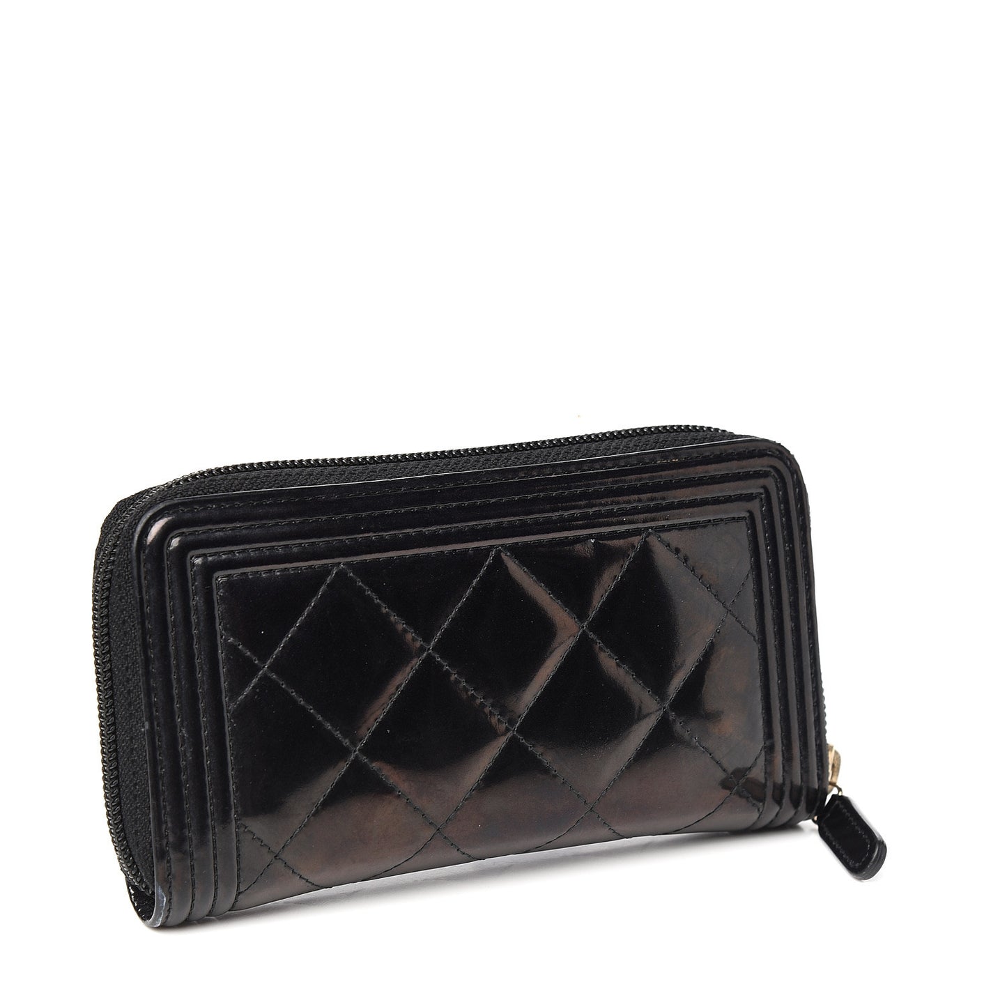 Glazed Calfskin Quilted Small Boy Zip Around Wallet Black