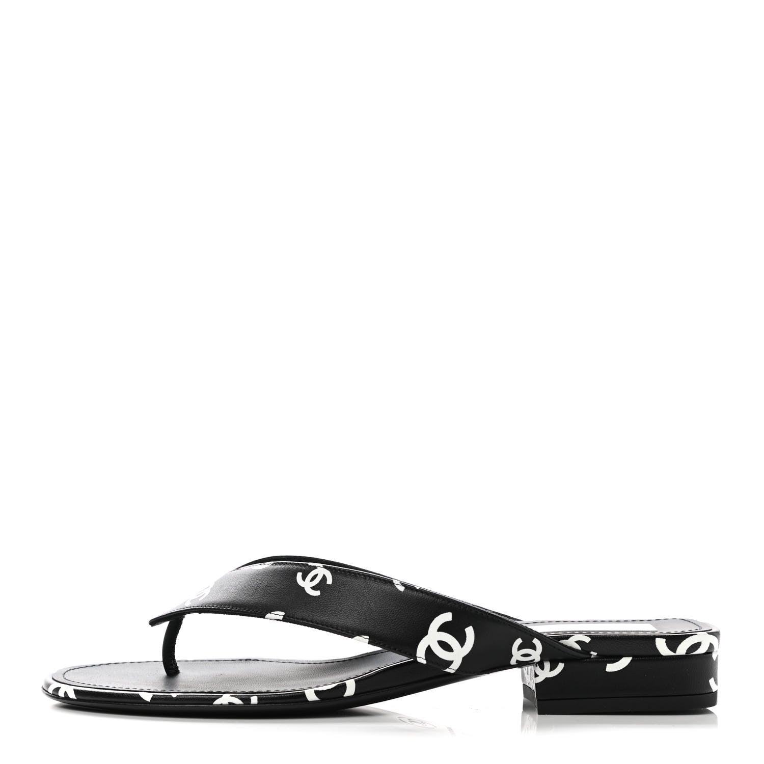 Chanel Lambskin Printed CC Thong Sandals 39 Black White 1 of 9