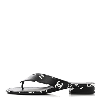 Chanel Lambskin Printed CC Thong Sandals 39 Black White 1 of 9