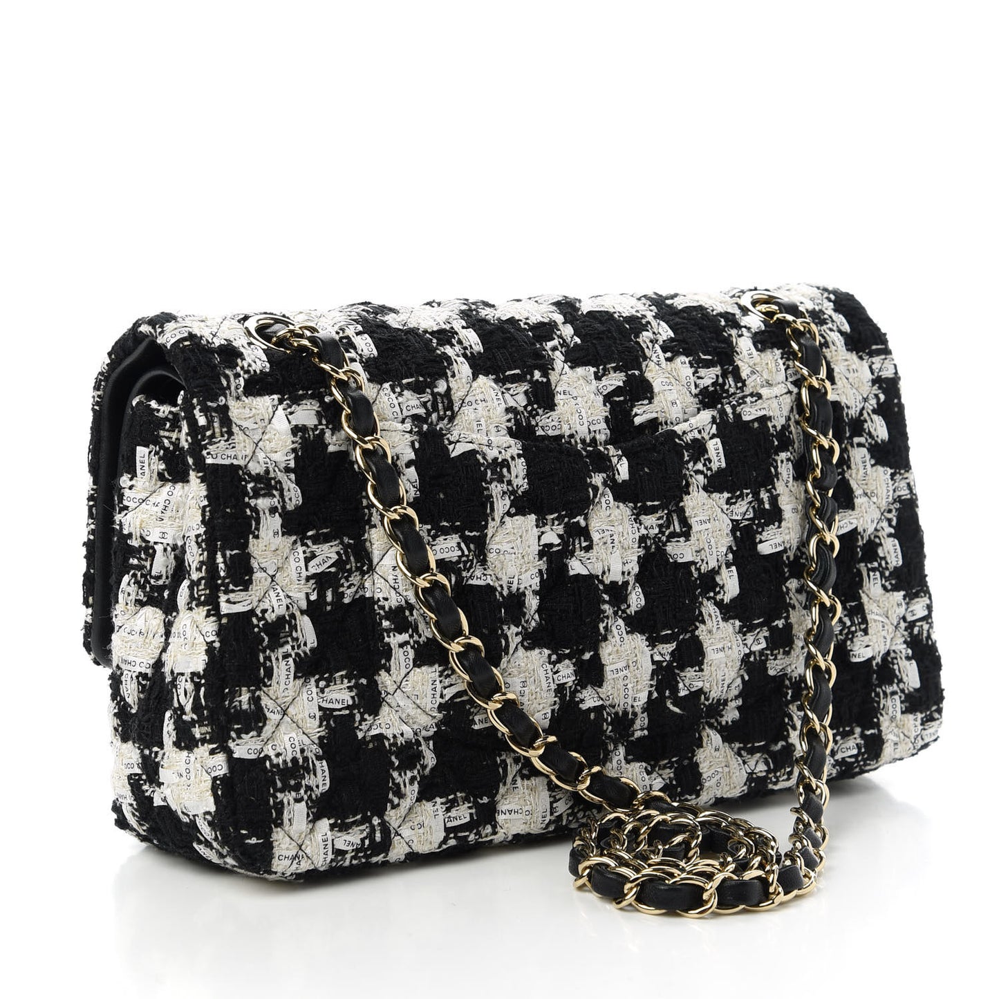 Tweed Quilted Medium Double Flap Black Ecru White