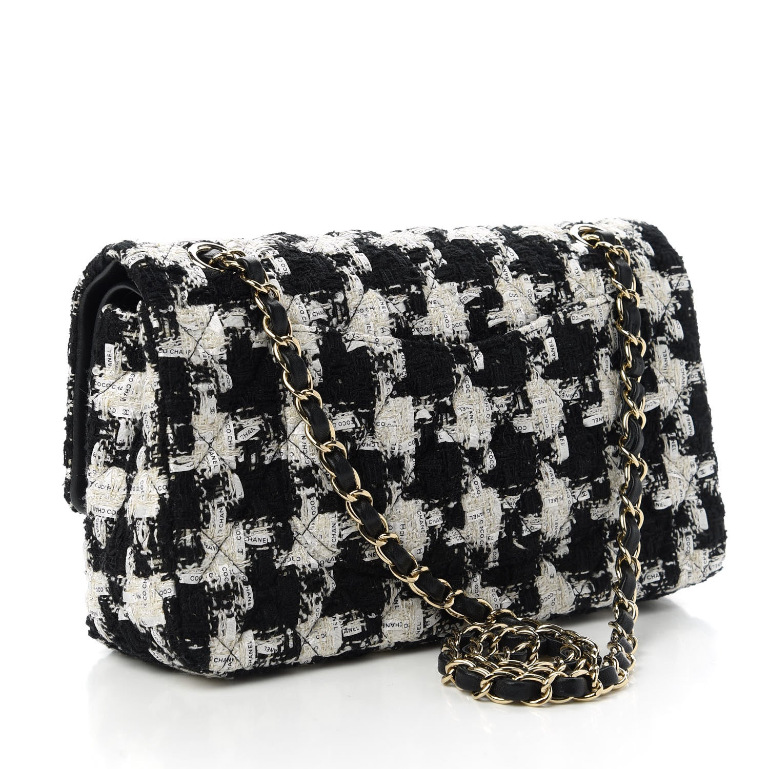 Chanel Tweed Quilted Medium Double Flap Black Ecru White 3 of 11