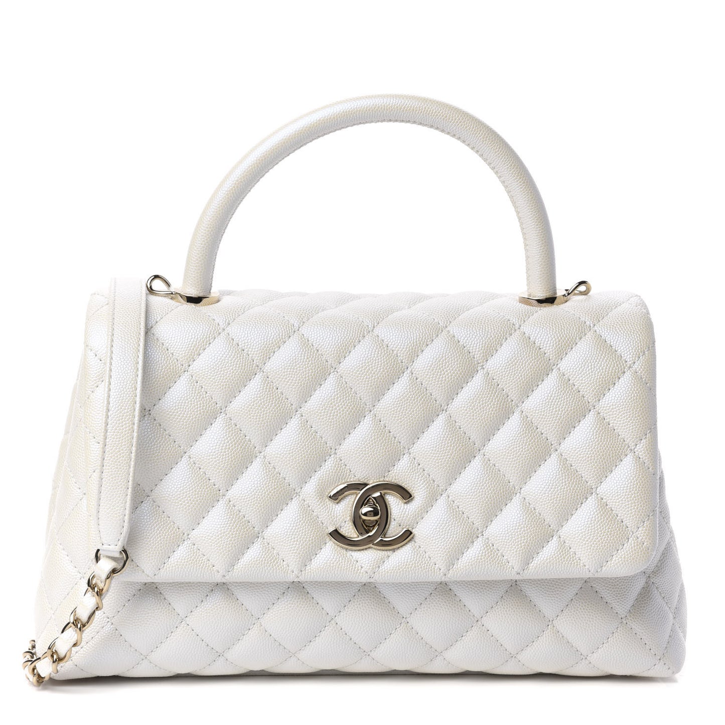 Iridescent Caviar Quilted Small Coco Handle Flap White