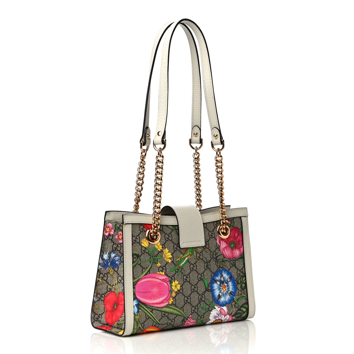 GG Supreme Monogram Flora Textured Calfskin Small Padlock Tote Beige Ebony Multicolor Mystic White