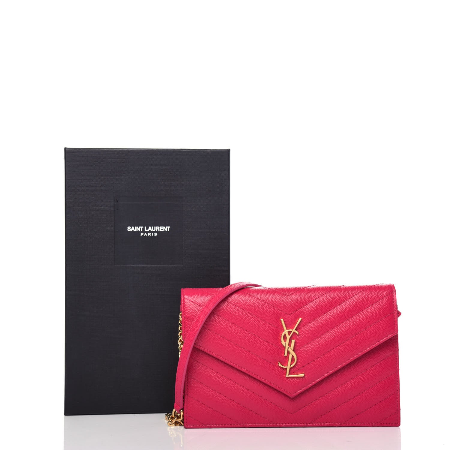 Saint Laurent Grain De Poudre Matelasse Chevron Monogram Envelope Chain Wallet Bubblegum 10 of 10