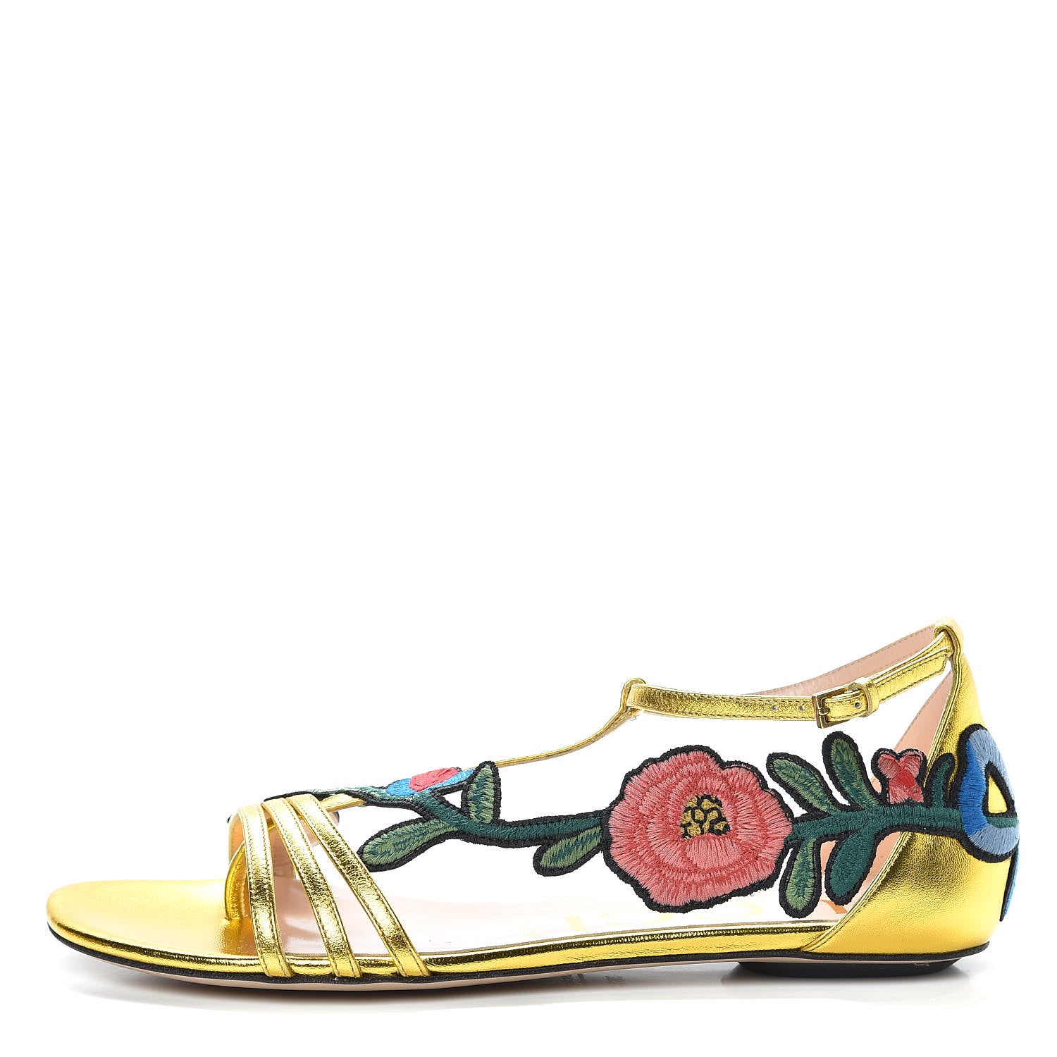 Gucci Metallic Nappa Ophelia T-Strap Flat Sandals 38.5 Gold 1 of 9