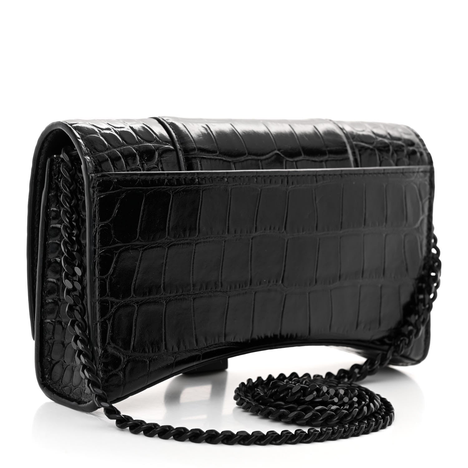 Balenciaga Shiny Calfskin Monochrome Crocodile Embossed Hourglass Chain Bag Black 3 of 9