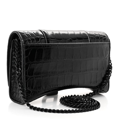 Balenciaga Shiny Calfskin Monochrome Crocodile Embossed Hourglass Chain Bag Black 3 of 9