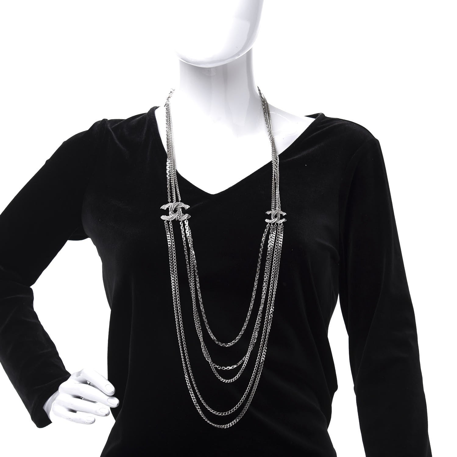 Chanel Crystal CC Multi Strand Chain Necklace Silver 2 of 8