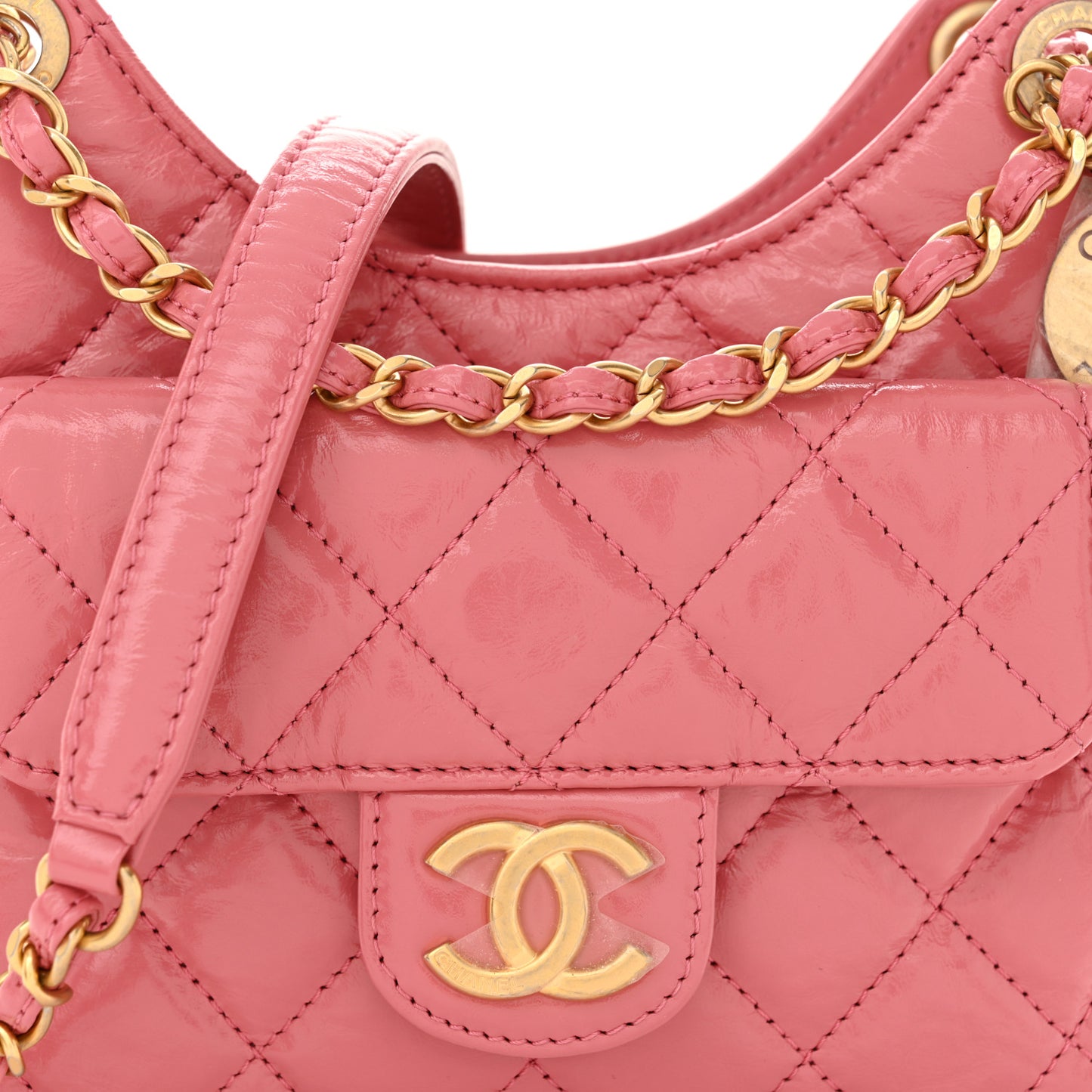 Shiny Crumpled Calfskin Quilted Small Wavy CC Hobo Pink
