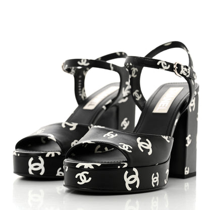 Chanel Printed Lambskin CC Platform Sandals 39 Black White 3 of 9
