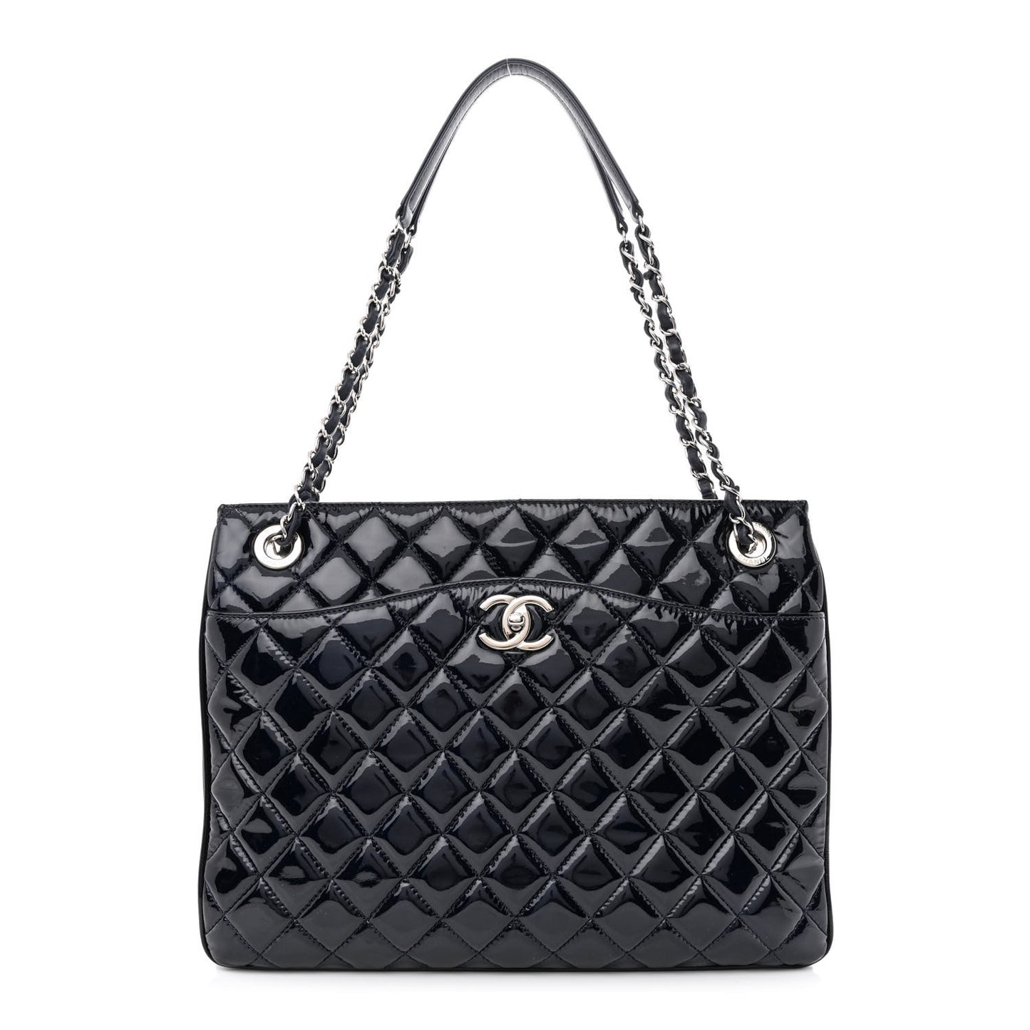 Patent Quilted Accordion Shopping Tote Navy