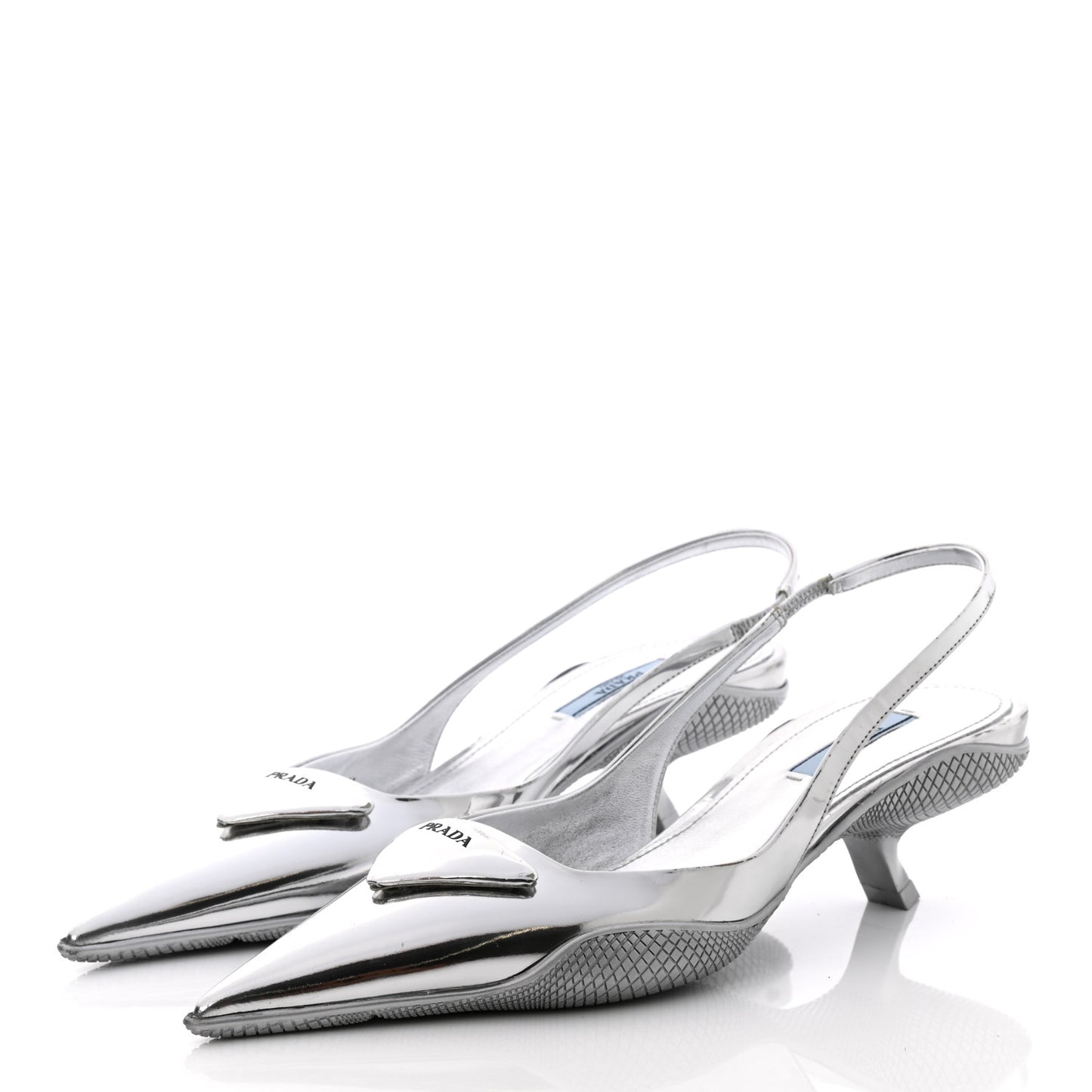 Spazzolato Triangle Logo Pointed Toe 45mm Slingback Pumps 37.5 Argento
