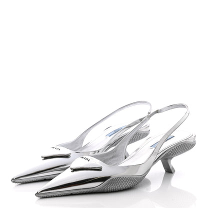 Prada Spazzolato Triangle Logo Pointed Toe 45mm Slingback Pumps 37.5 Argento 3 of 8