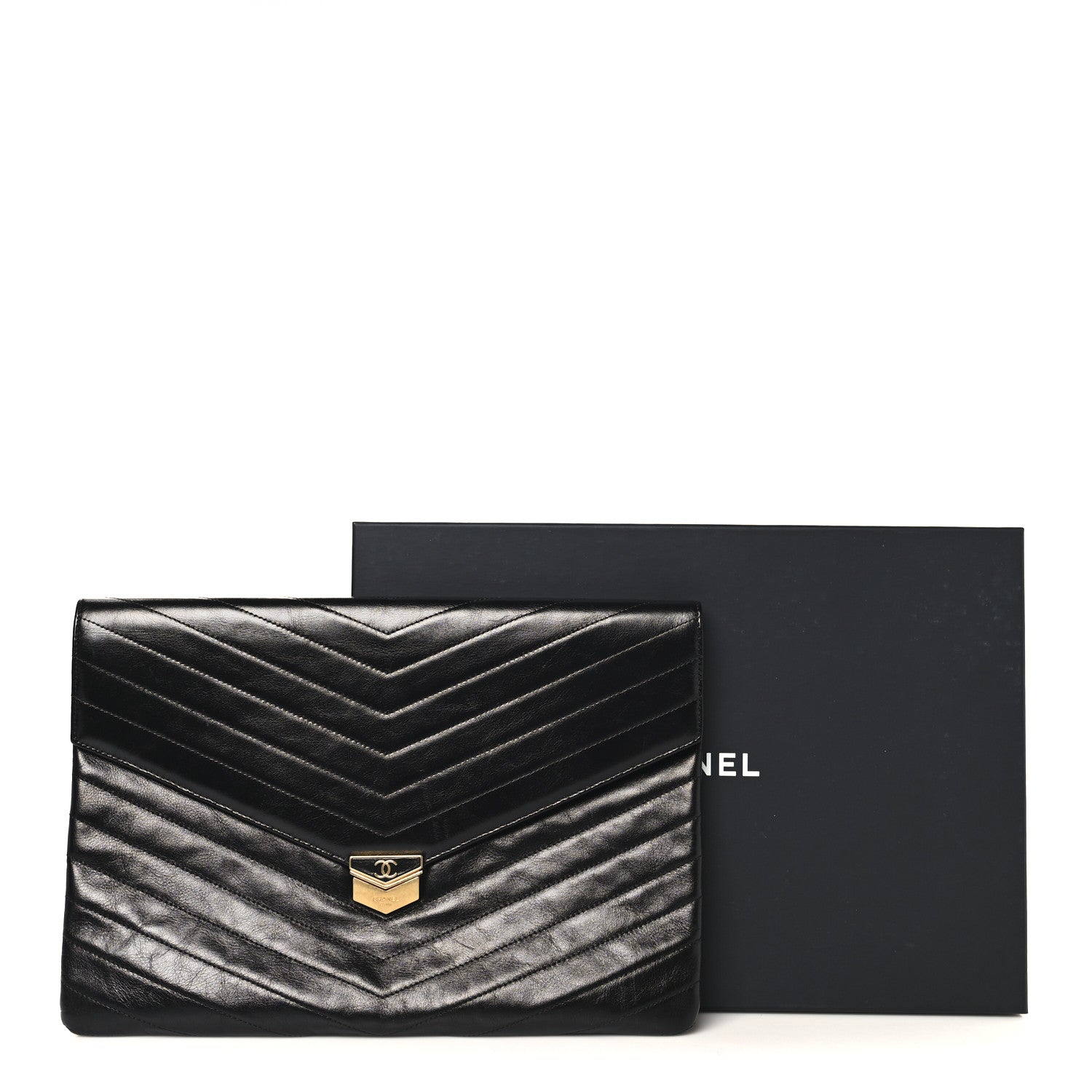 Chanel Calfskin Chevron Quilted Medal Flap Clutch Black 9 of 9