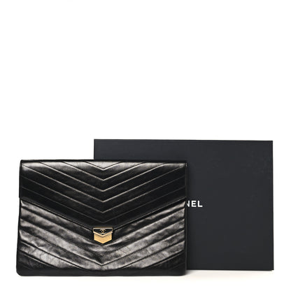 Chanel Calfskin Chevron Quilted Medal Flap Clutch Black 9 of 9