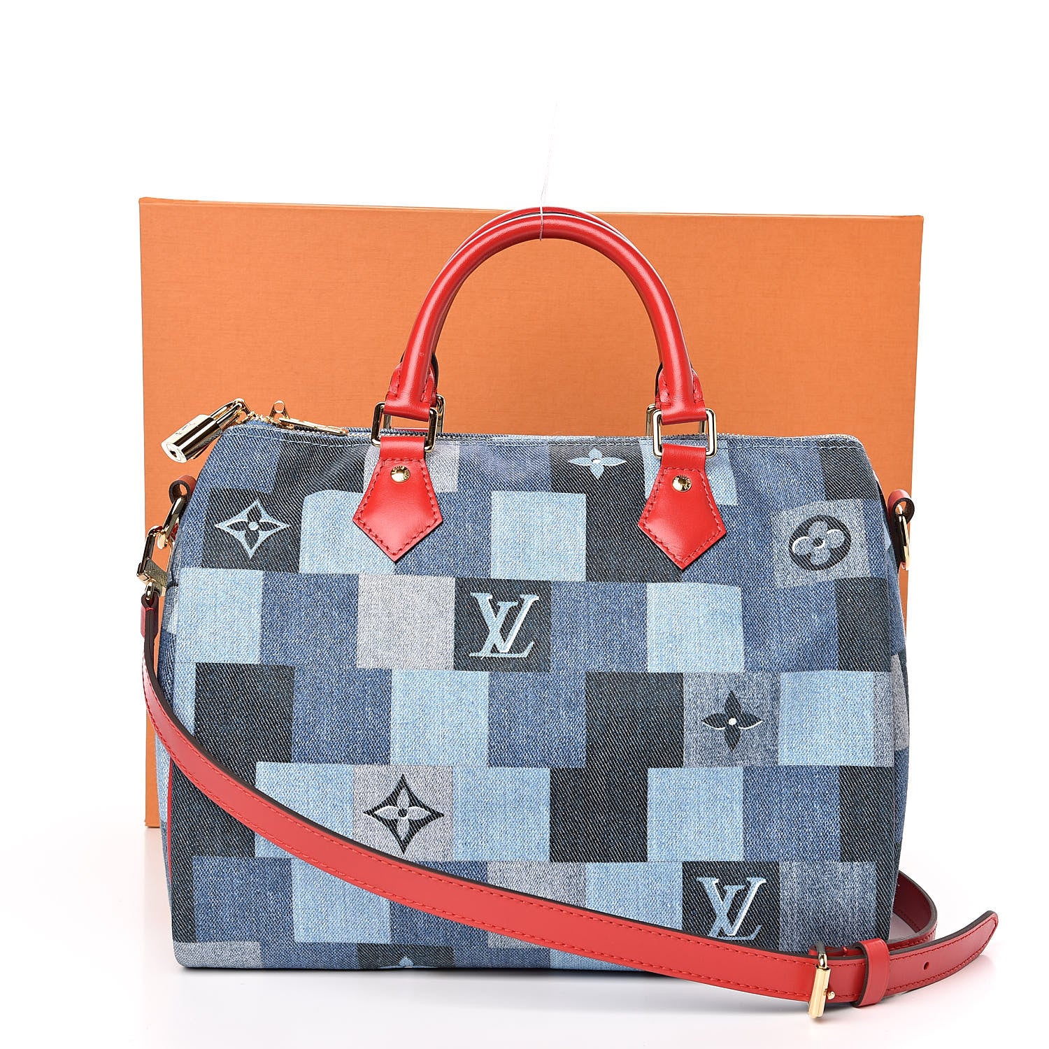 Louis Vuitton Denim Damier Monogram Patchwork Speedy Bandouliere 30 Blue Rouge 12 of 12