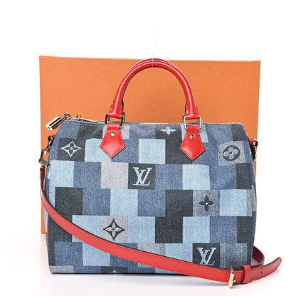 Louis Vuitton Denim Damier Monogram Patchwork Speedy Bandouliere 30 Blue Rouge 12 of 12