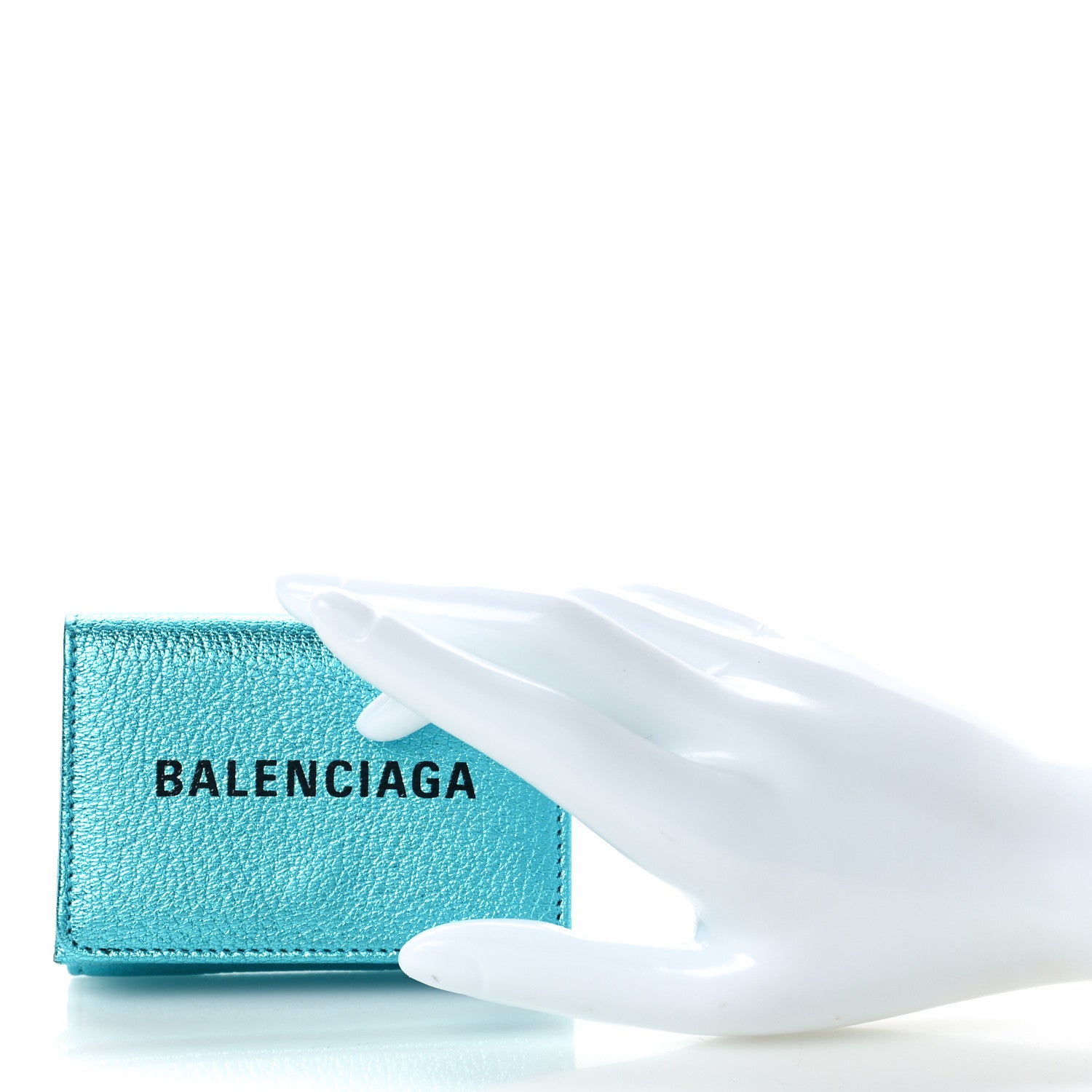 Balenciaga Metallic Goatskin Logo Mini Everyday Wallet Turquoise Black 2 of 9