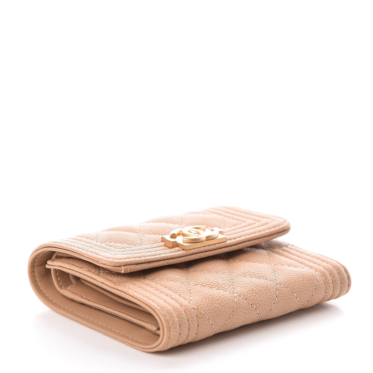 Caviar Quilted Compact Boy Flap Wallet Beige