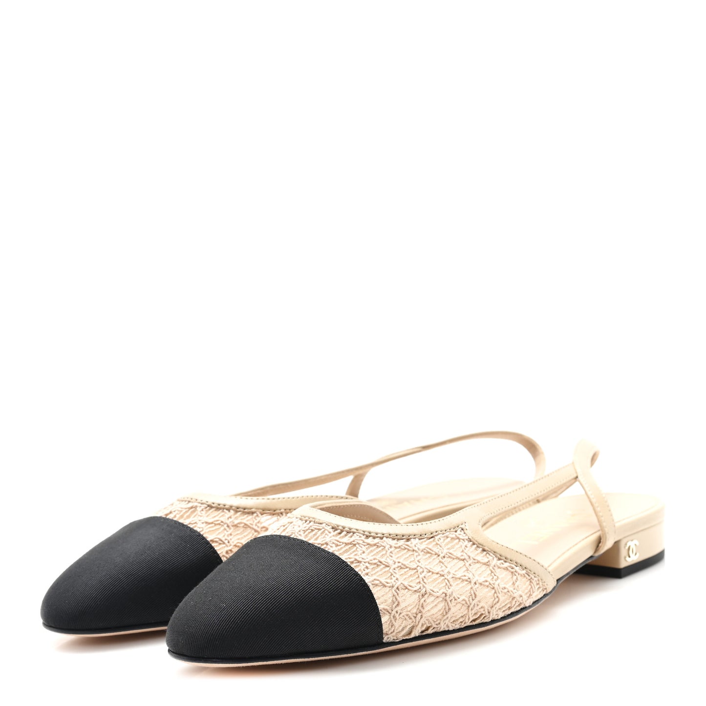 Embroidery Grosgrain Cap Toe CC Slingback Flats 37 Beige Black