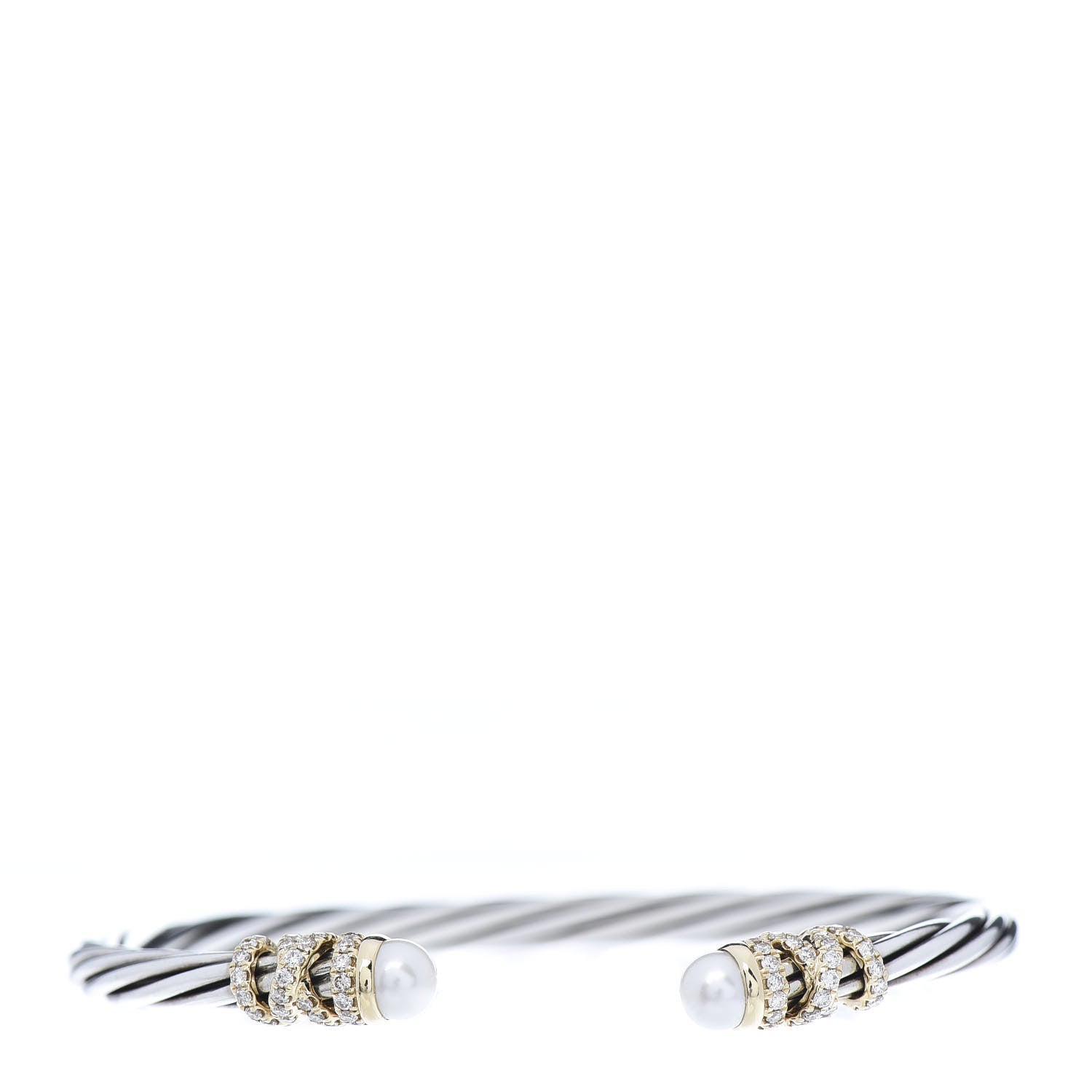 David Yurman Sterling Silver 18K Yellow Gold Diamond Pearl 4mm Helena Cuff Bracelet 1 of 5