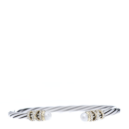 David Yurman Sterling Silver 18K Yellow Gold Diamond Pearl 4mm Helena Cuff Bracelet 1 of 5