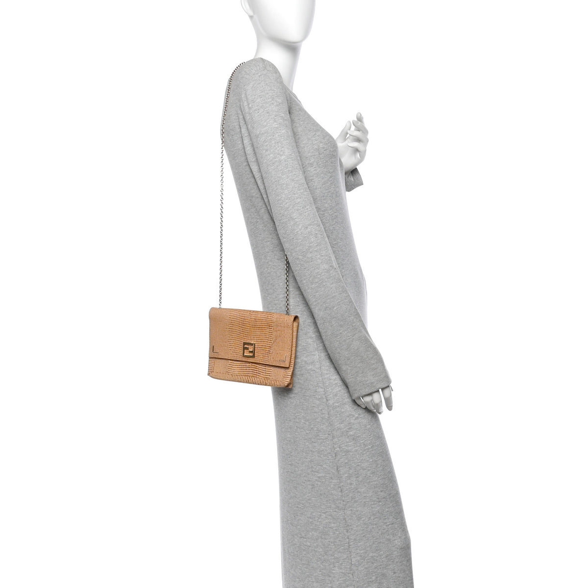 Calfskin Lizard Embossed Wallet on Chain Beige