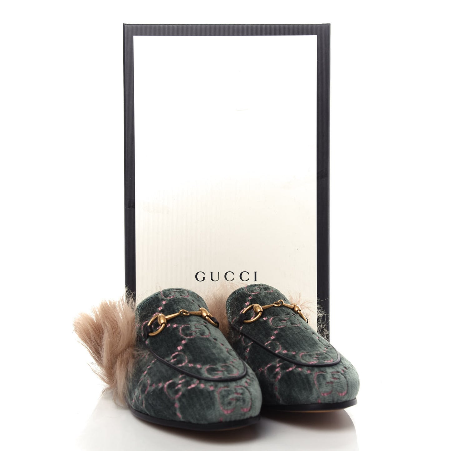 Velvet GG Monogram Fur Womens Princetown Slippers 35.5 Avio Dusty Pink